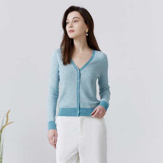 METTE22年春夏新品女士针织开衫v领长袖修身薄款棉麻毛衣小外套 商品图2