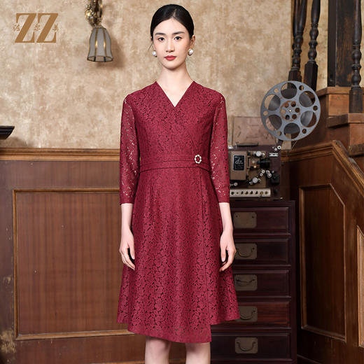 佐尔美2022春季新款中国风蕾丝气质收腰7分袖中长款连衣裙E21LL14 商品图0