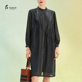 TANGY Collection/天意精品2022年春夏新品国捏褶立领长款莨绸连衣裙
