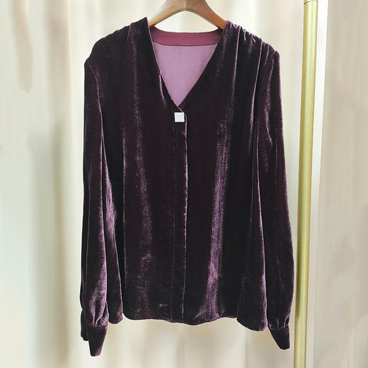 丁摩 春秋洋气真丝丝绒上衣女衬衫宽松长袖V领打底衫Q121207-DS399 商品图1