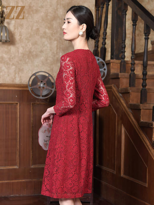 佐尔美2022春季新款中国风蕾丝气质收腰7分袖中长款连衣裙E21LL12 商品图4