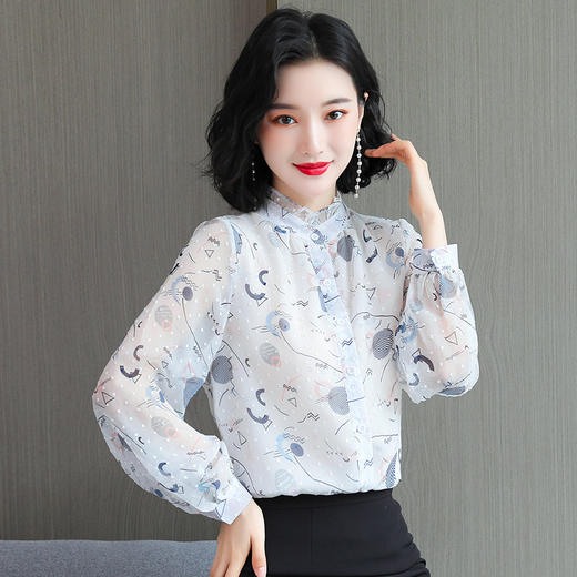 韩版百搭，长袖立领时尚碎花雪纺上衣KQL-1890 商品图1