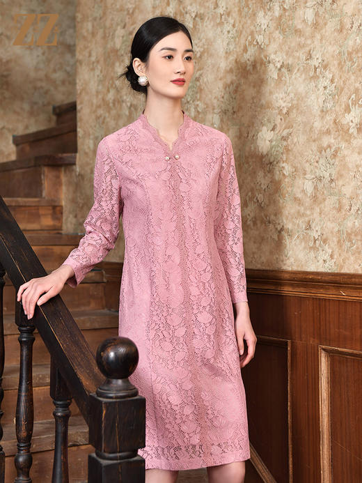 佐尔美2022春季新款中国风蕾丝气质收腰9分袖中长款连衣裙E21LL07 商品图1