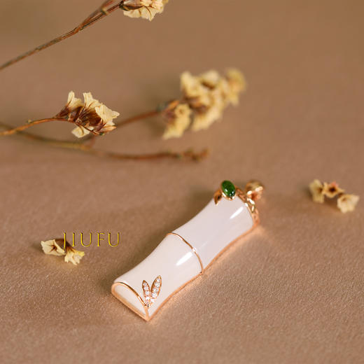 18K玫瑰金和田玉（白玉）镶钻吊坠--翠竹 /竹节30*10mm 商品图1