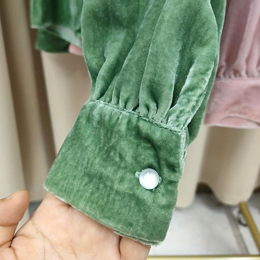 丁摩 春秋洋气真丝丝绒上衣女衬衫宽松长袖V领打底衫Q121207-DS399 商品图4