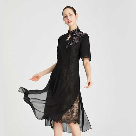 RF8A8斯尔丽瑟俪夏上新中式雪纺烫钻显瘦修身水滴领连衣裙 商品图0