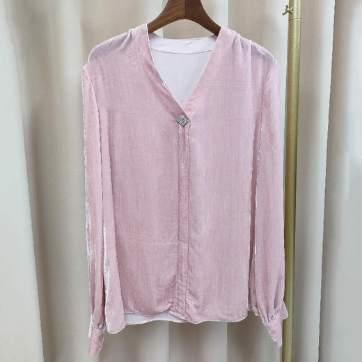 丁摩 春秋洋气真丝丝绒上衣女衬衫宽松长袖V领打底衫Q121207-DS399 商品图2