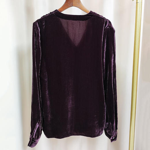 丁摩 春秋洋气真丝丝绒上衣女衬衫宽松长袖V领打底衫Q121207-DS399 商品图8