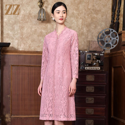 佐尔美2022春季新款中国风蕾丝气质收腰9分袖中长款连衣裙E21LL07 商品图0