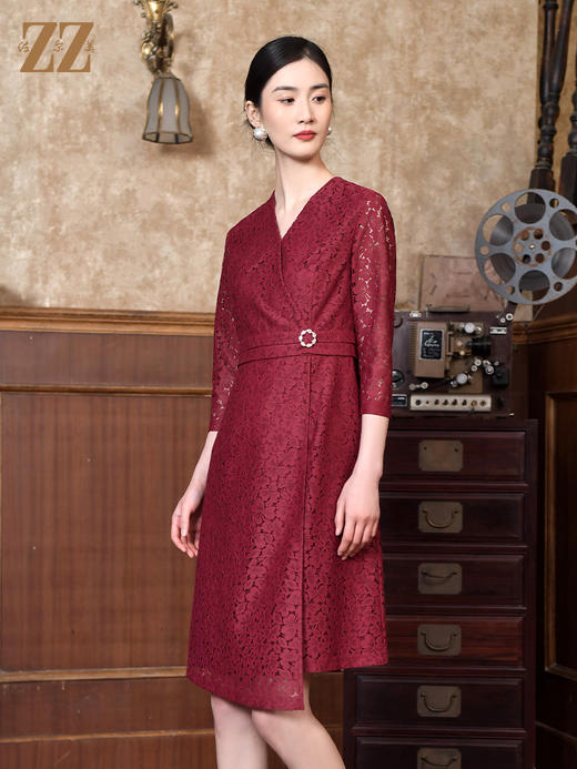 佐尔美2022春季新款中国风蕾丝气质收腰7分袖中长款连衣裙E21LL14 商品图1