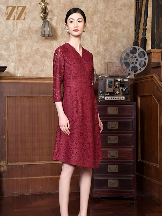 佐尔美2022春季新款中国风蕾丝气质收腰7分袖中长款连衣裙E21LL14 商品图2