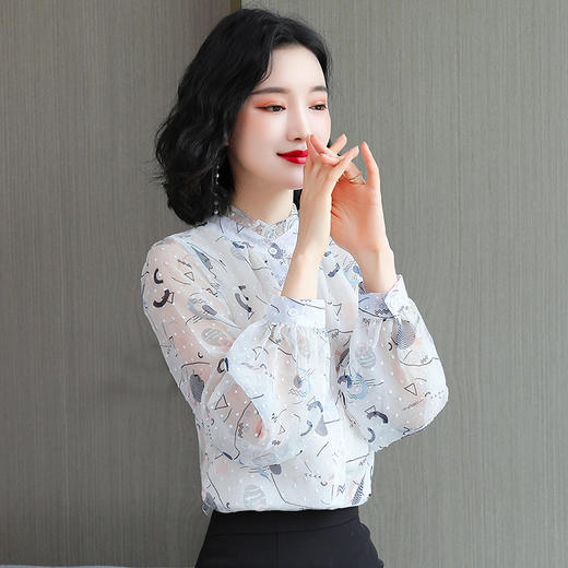 韩版百搭，长袖立领时尚碎花雪纺上衣KQL-1890 商品图2