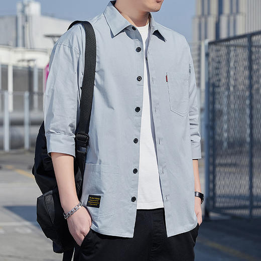 【新款上市~2022时尚百搭！】100%纯棉短袖衬衫男春秋休闲港风工装衬衣青年宽松韩版七分袖上衣 商品图3