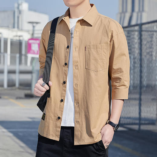 【新款上市~2022时尚百搭！】100%纯棉短袖衬衫男春秋休闲港风工装衬衣青年宽松韩版七分袖上衣 商品图1