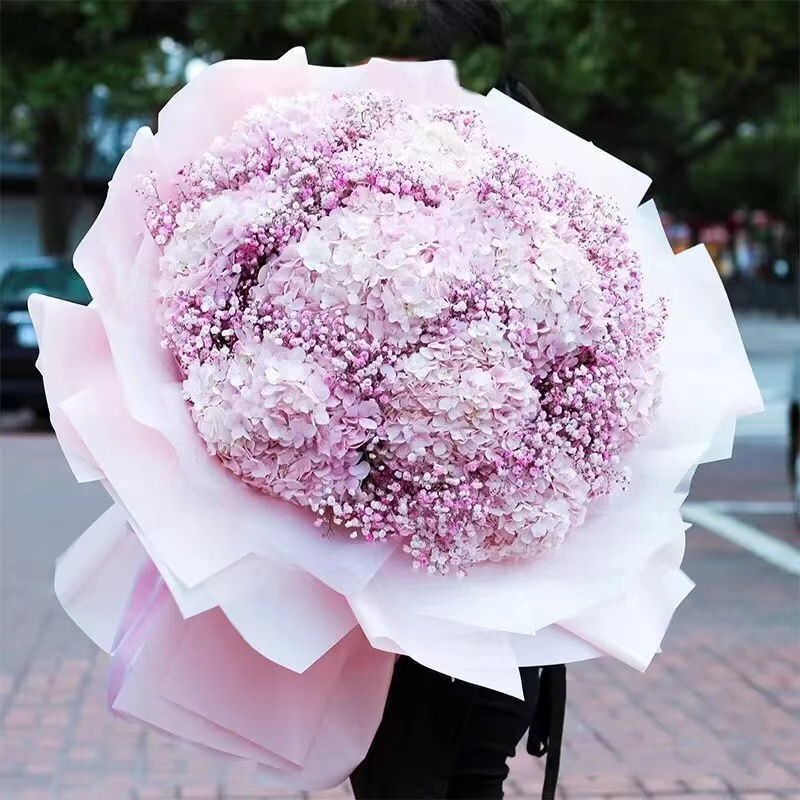 8支粉绣球粉色满天星花束粉色包装