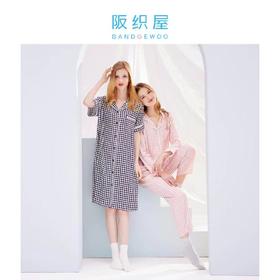 阪织屋亲肤人棉千鸟格印花女上长袖长裤开衫套装/短袖开衫6522550260103 / 6522550032103