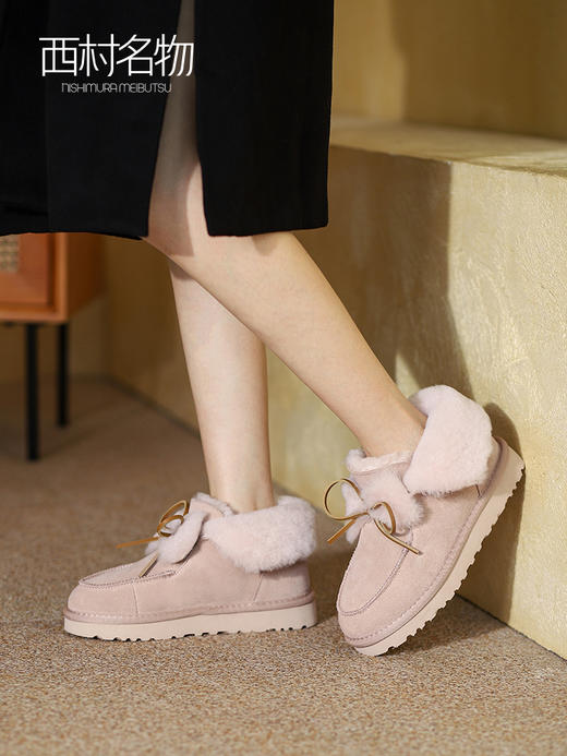 西村名物2021冬季新款毛毛鞋女外穿加绒蝴蝶结一脚蹬厚底雪地靴T21DS45031 商品图0