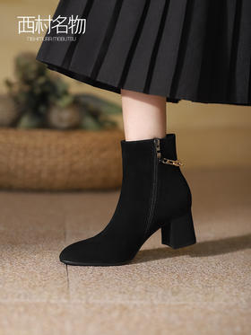 西村名物2021冬季新款时装靴商场同款羊皮链条粗跟短靴加绒T21DS45071