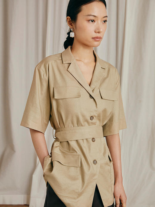 HeyDress亚麻短袖衬衫女夏季宽松收腰设计感肌理衬衣工装口袋上衣 商品图2