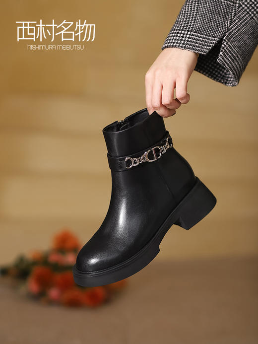 西村名物2021秋冬新款靴子粗高跟英伦百搭皮靴短靴切尔西靴T21DS45241 商品图0