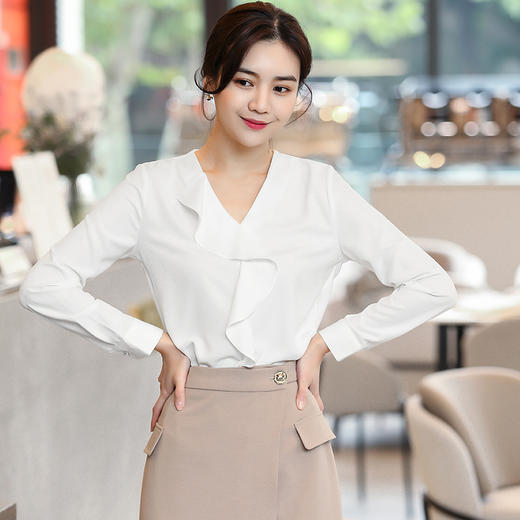 高端雪纺衬衫长袖女V领上衣设计感小众衬衣 商品图2