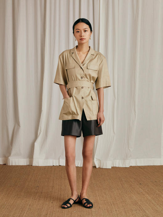 HeyDress亚麻短袖衬衫女夏季宽松收腰设计感肌理衬衣工装口袋上衣 商品图1