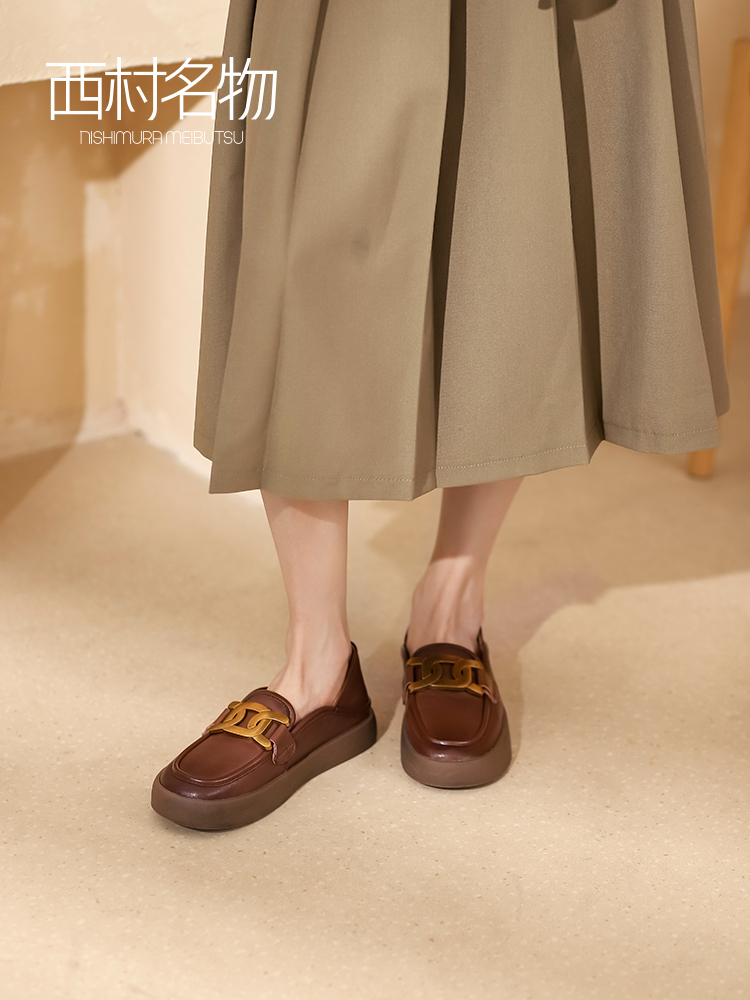 西村名物2021秋季新款真皮英伦风乐福鞋套脚平底软底单鞋女T21CM34071