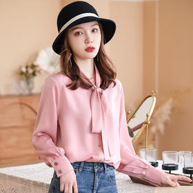 飘带粉色雪纺衬衫春秋外穿内搭~高端时尚气质衬衣