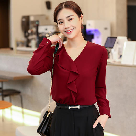 高端雪纺衬衫长袖女V领上衣设计感小众衬衣 商品图1