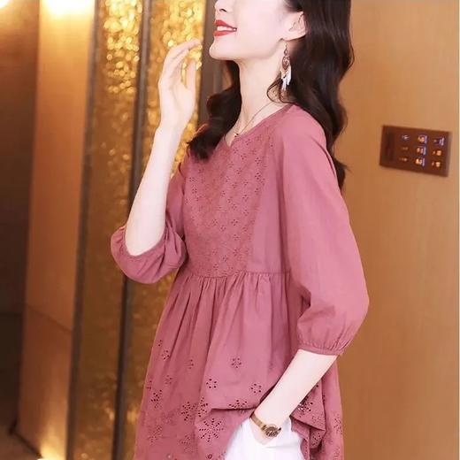 C-5958 棉麻刺绣短袖t恤宽松纯棉遮肚子上衣 商品图1