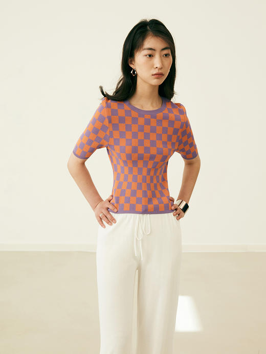 HeyDress棋盘格针织衫女复古外穿打底衫宽松小众短袖上衣 商品图1