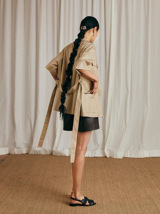 HeyDress亚麻短袖衬衫女夏季宽松收腰设计感肌理衬衣工装口袋上衣 商品图3