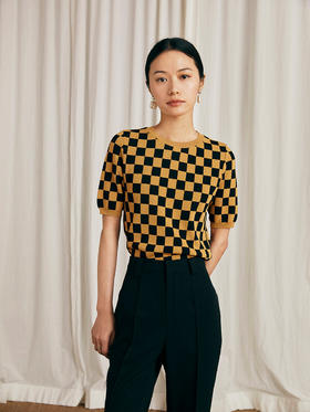HeyDress棋盘格针织衫女复古外穿打底衫宽松小众短袖上衣