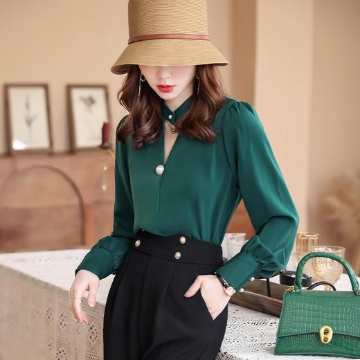 春季新款衬衫女长袖气质女神绿色宽松OL淑女韩版百搭衬衣女 商品图0
