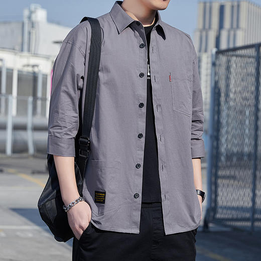 【新款上市~2022时尚百搭！】100%纯棉短袖衬衫男春秋休闲港风工装衬衣青年宽松韩版七分袖上衣 商品图4
