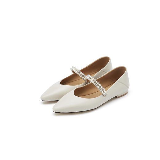 西村名物2021年秋季新款舒软羊皮女单鞋珍珠饰扣玛丽珍平底尖头T21CE34281 商品图0