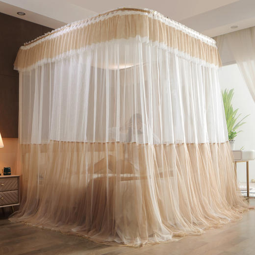 自然醒双拼色导轨蚊帐家用卧室u型轨道宫廷风公主新型支架加密纹账1.8HH 商品图4