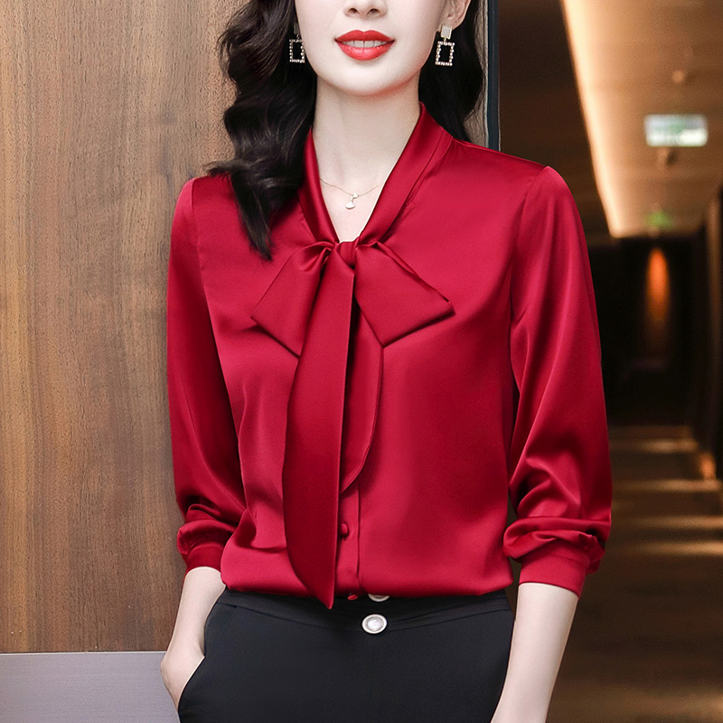 蝴蝶结飘带打底衬衫时尚洋气职业气质系带衬衣  FGYC1210