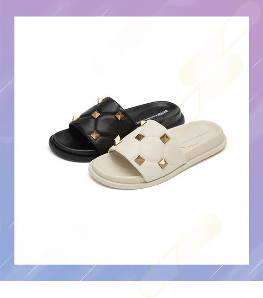 西村名物2021春季新款网红铆钉外穿简便懒人平底女牛皮凉拖T21BJ23341 商品图0