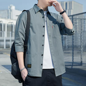 【新款上市~2022时尚百搭！】100%纯棉短袖衬衫男春秋休闲港风工装衬衣青年宽松韩版七分袖上衣