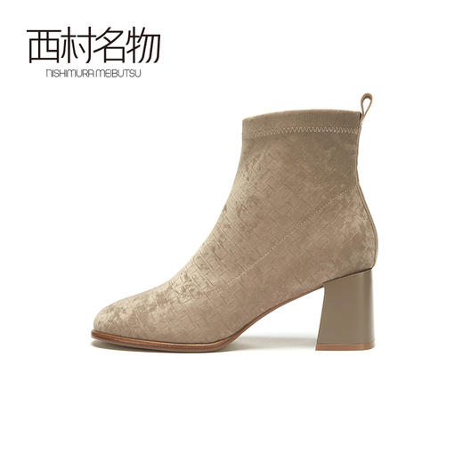 西村名物2020冬季新款短靴高跟格纹纯色出勤舒适女靴T20DS40461 商品图0