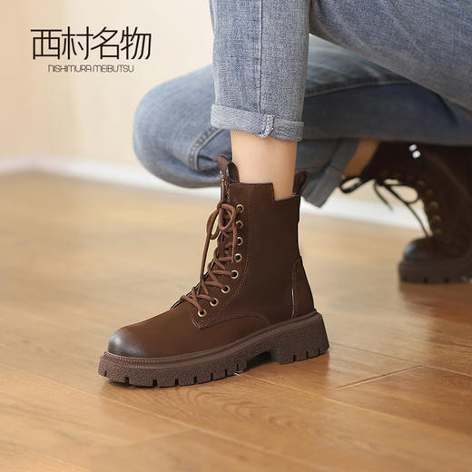 西村名物2021冬季新款真皮马丁靴女高帮短靴女百搭增高帅气T21DS45101 商品图0