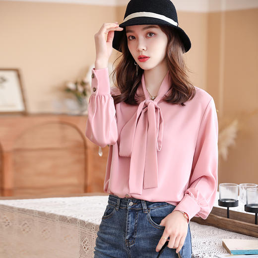 飘带粉色雪纺衬衫春秋外穿内搭~高端时尚气质衬衣 商品图2