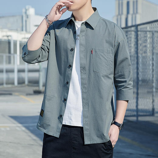 【新款上市~2022时尚百搭！】100%纯棉短袖衬衫男春秋休闲港风工装衬衣青年宽松韩版七分袖上衣 商品图2