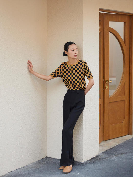 HeyDress棋盘格针织衫女复古外穿打底衫宽松小众短袖上衣 商品图4