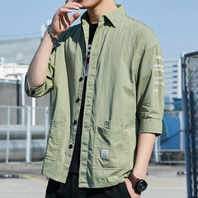 【新款上市~ 时尚休闲百搭！】夏季纯棉工装衬衫七分袖衣服韩版潮流帅气休闲百搭宽松衬衣男外套