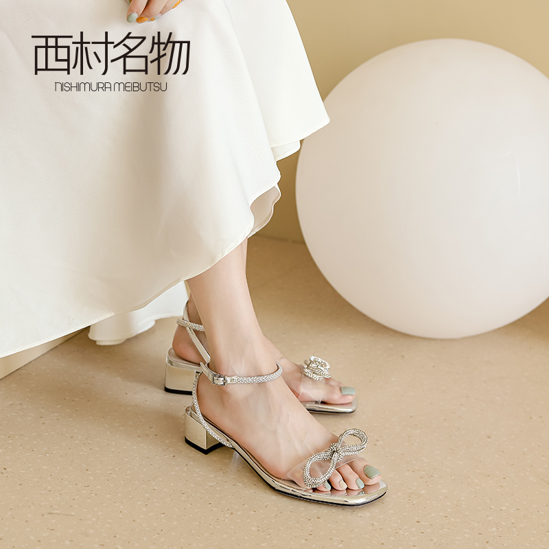 miuo西村名物2021夏新款一字带高跟粗跟凉鞋蝴蝶结仙女鞋小众设计T21BG23891