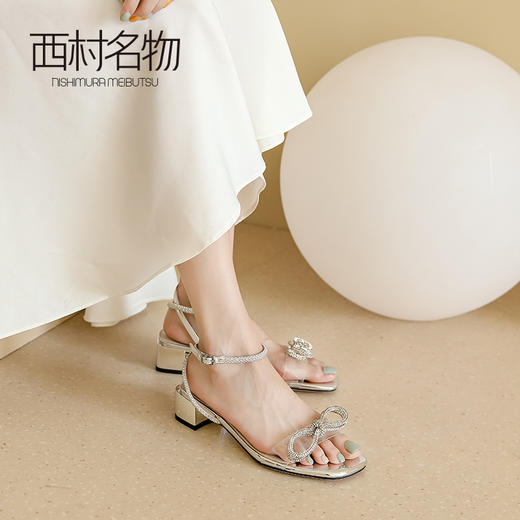 miuo西村名物2021夏新款一字带高跟粗跟凉鞋蝴蝶结仙女鞋小众设计T21BG23891 商品图0