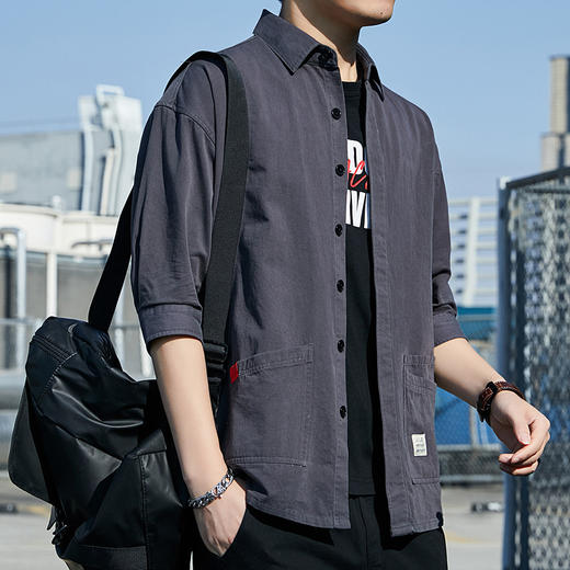 【新款上市~ 时尚休闲百搭！】夏季纯棉工装衬衫七分袖衣服韩版潮流帅气休闲百搭宽松衬衣男外套 商品图1