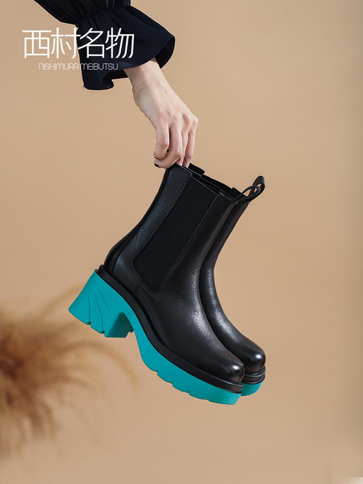 西村名物2021秋冬新款商场同款时装烟囱英伦风粗跟切尔西靴T21DS45121 商品图0